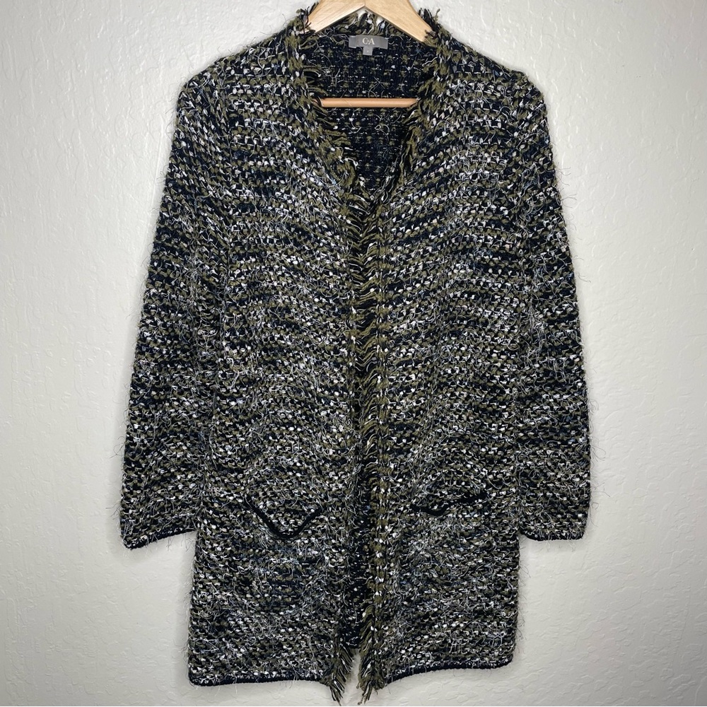 C&A Women’s Small Tweed Open Front Mid Length Cardigan Black White Green Eyelash